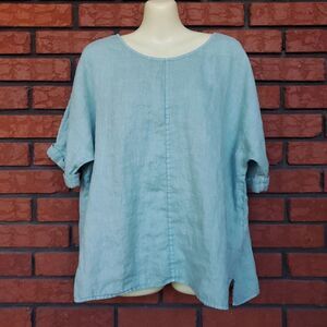 J Jill Linen Top Womens M Sea Green Short Sleeve Boxy Lagenlook Lagom Minimalist